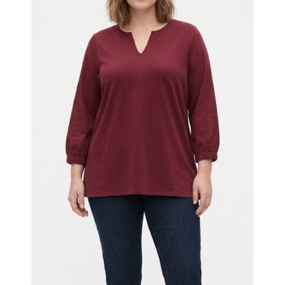 Chico's Top size Large/2 Split Neck Burgundy 3/4 Sleeve Elastic Cuff Preppy